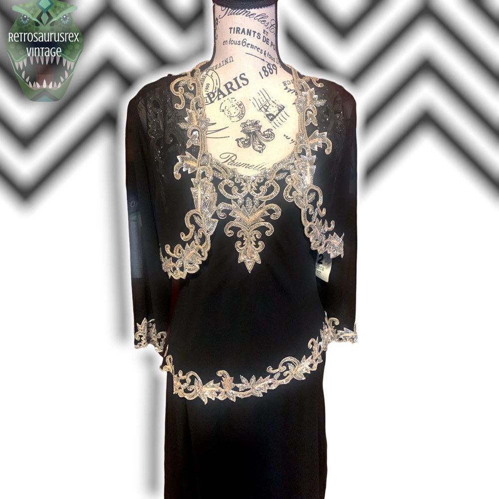 VINTAGE J’Kara 1990’s Beaded Chiffon Special Occasion Glam Gown & Jacket, Size 6 - Picture 3 of 9